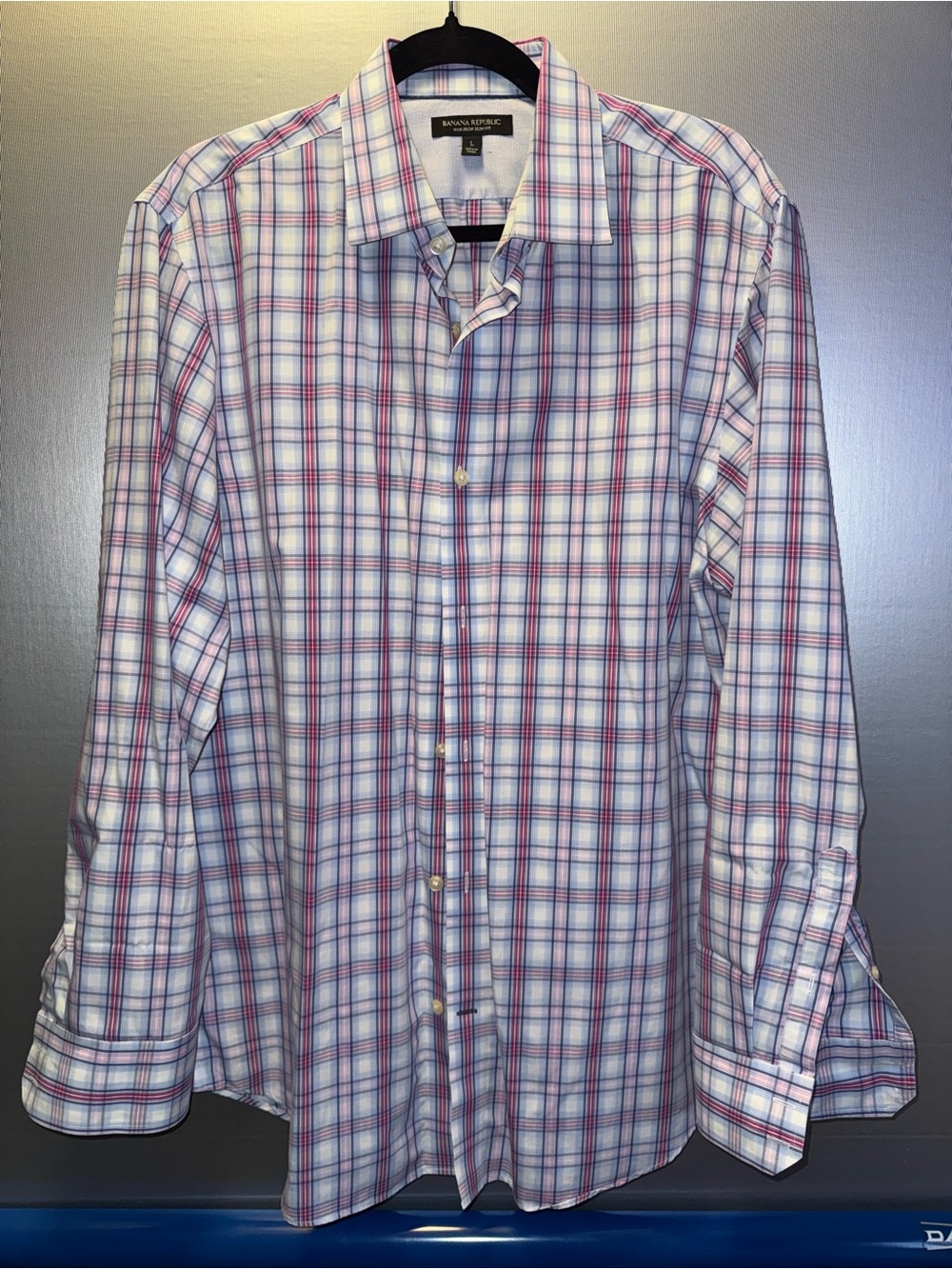 Banana Republic Men’s White Plaid Dress Shirt with Blue and Pink Lines